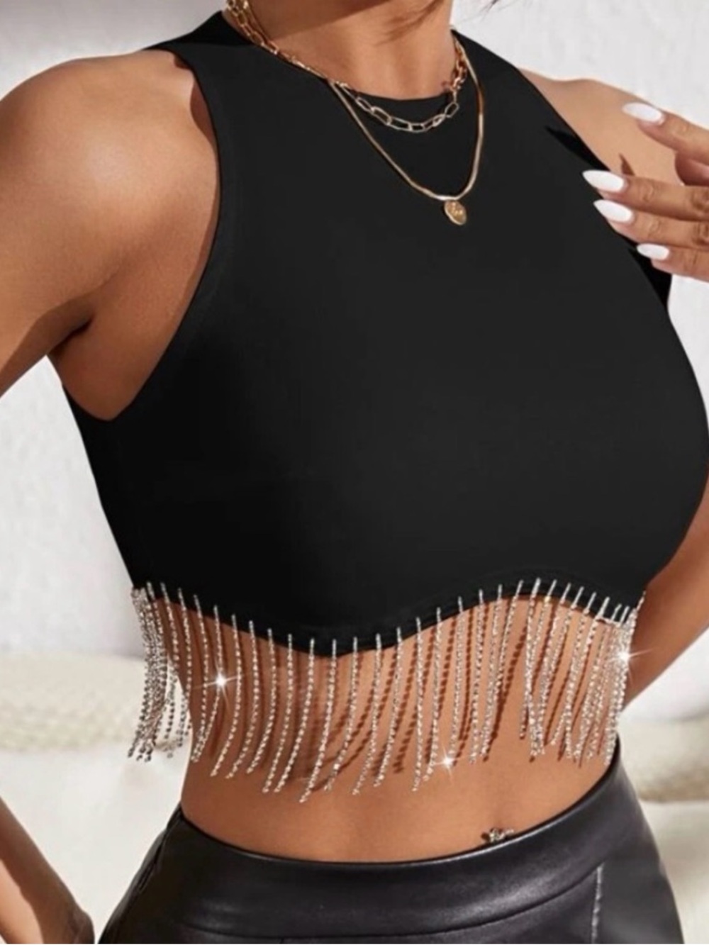 SHEIN Black Rhinestone Fringe Crop Tank